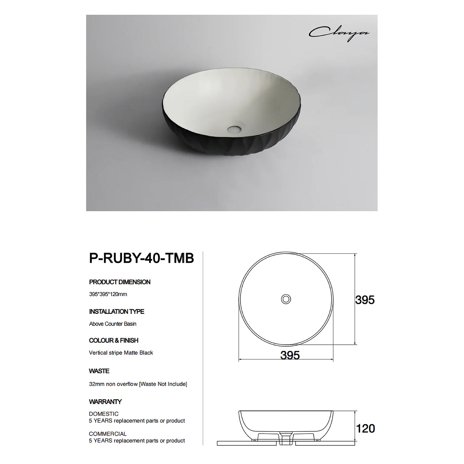 CLAYA Polar-Ruby-40 Textured Ceramic Above Counter Basin – Matte Black