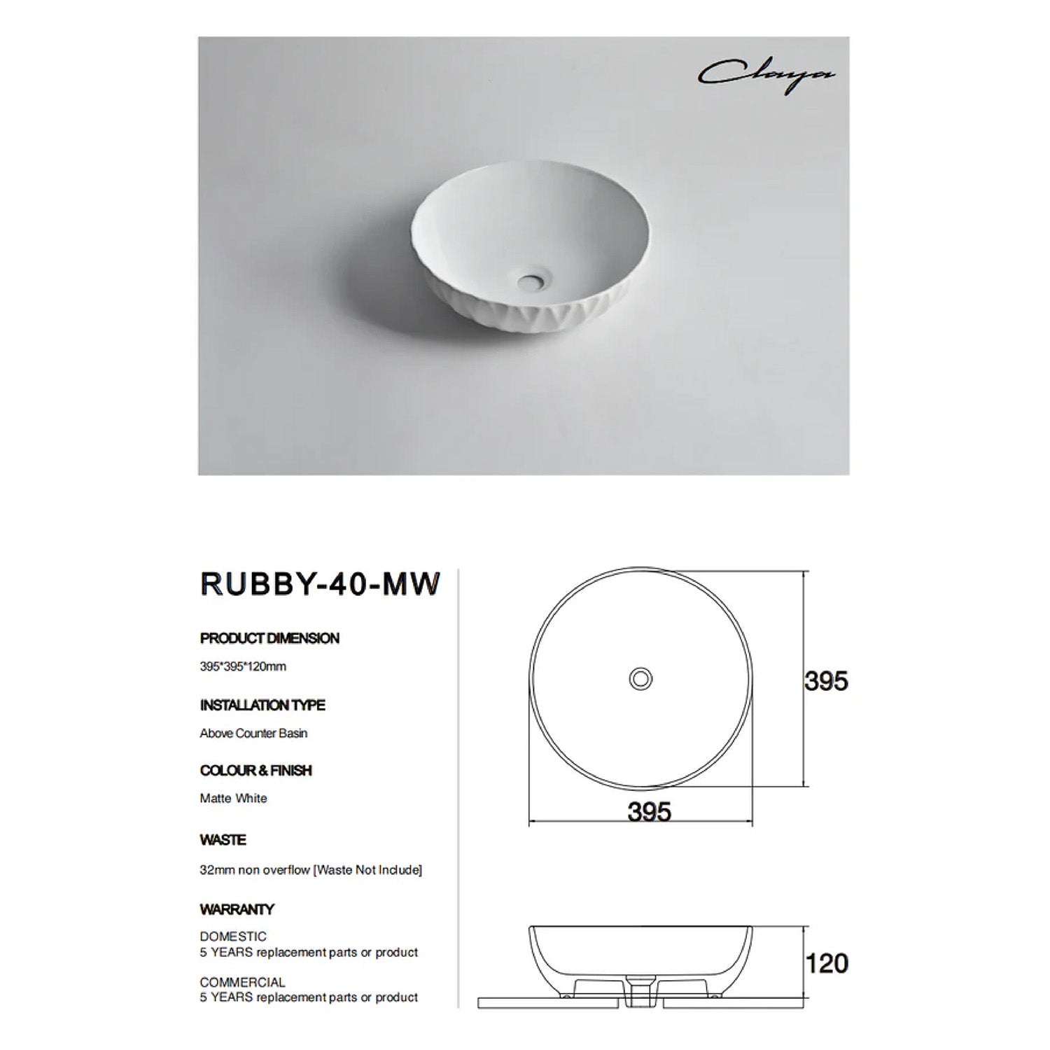 CLAYA Rubby-40 Ceramic Above Counter Basin – Matte White