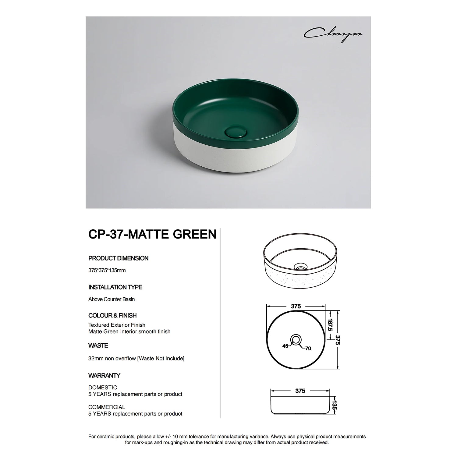 CLAYA Colour Plus-37 Ceramic Above Counter Basin – Matte Green