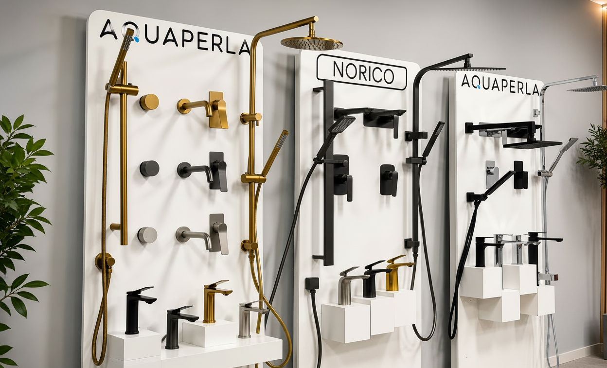 Display of various shower heads and fixtures with Aquaperla and Norico branding.