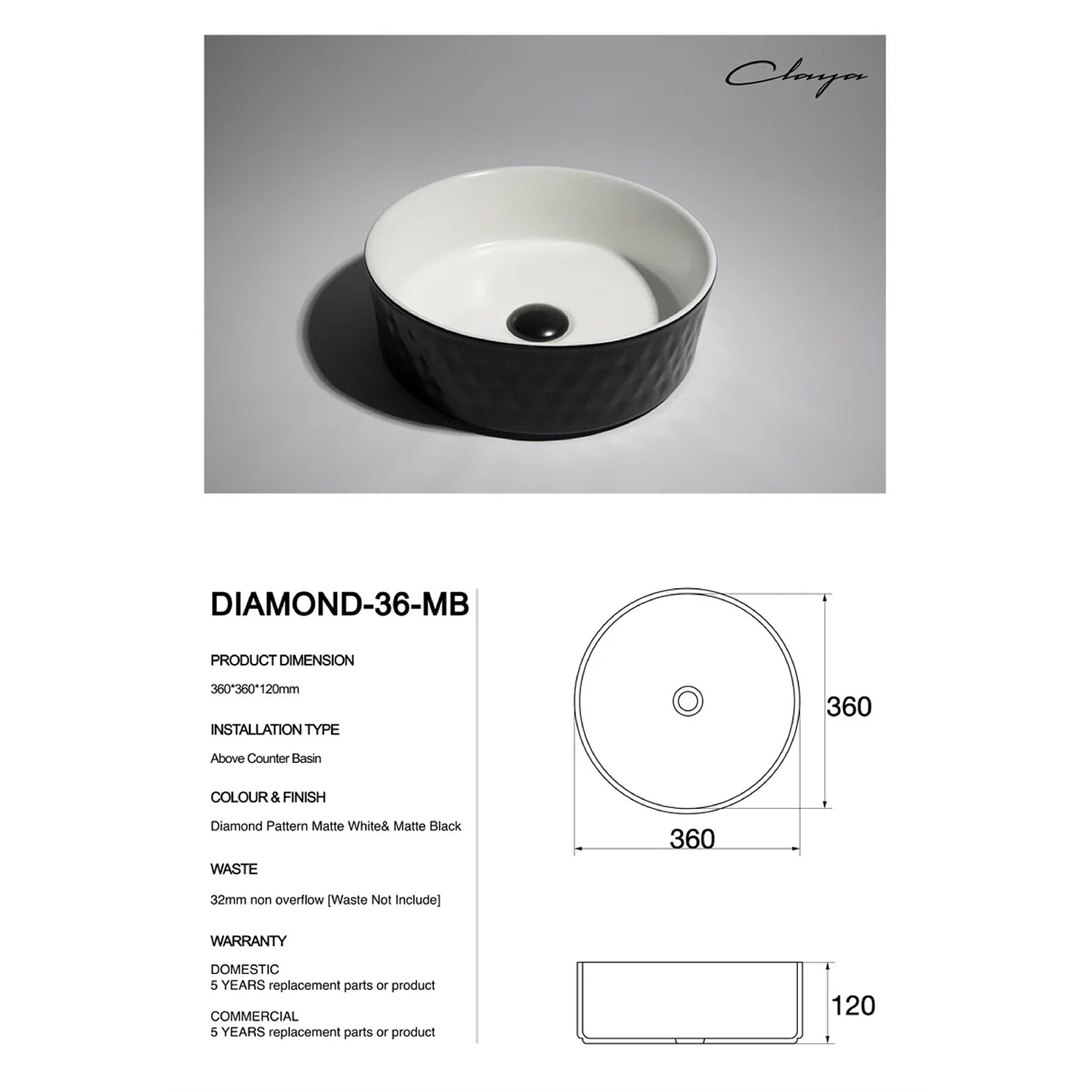 CLAYA Diamond-36 Round Ceramic Above Counter Basin - Matte Black