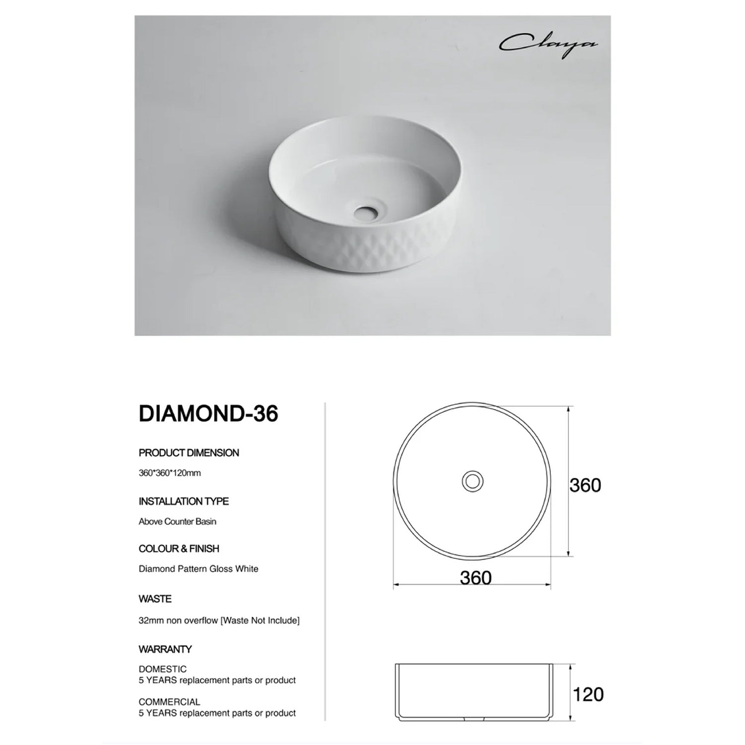 CLAYA Diamond-36 Round Ceramic Above Counter Basin - Gloss White