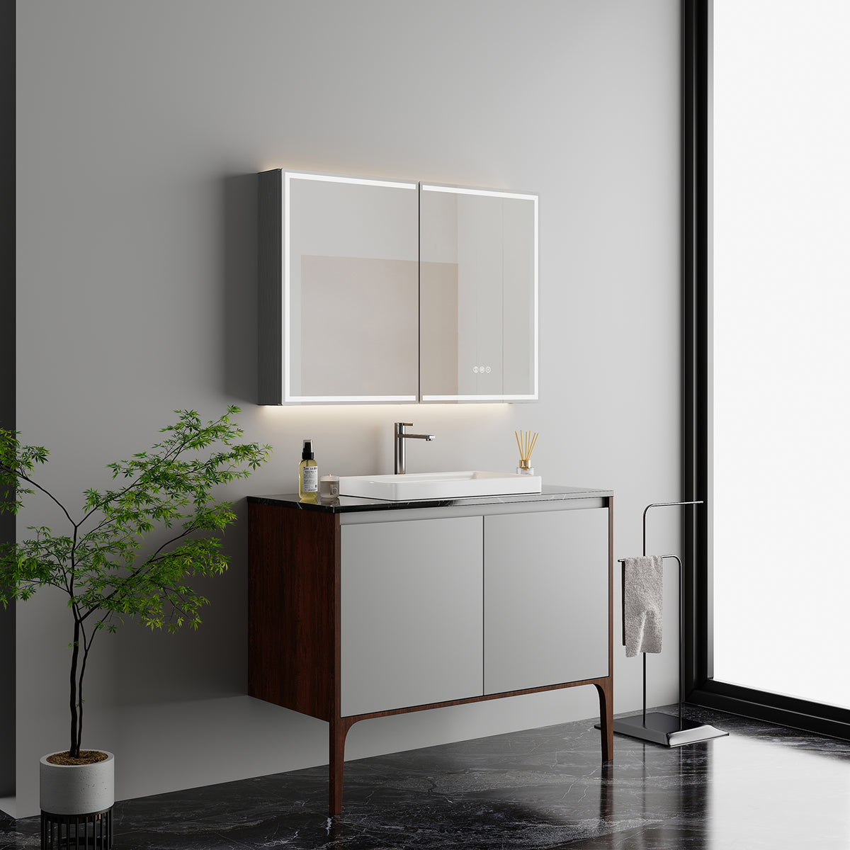 LED mirror cabinet above a bathroom vanity