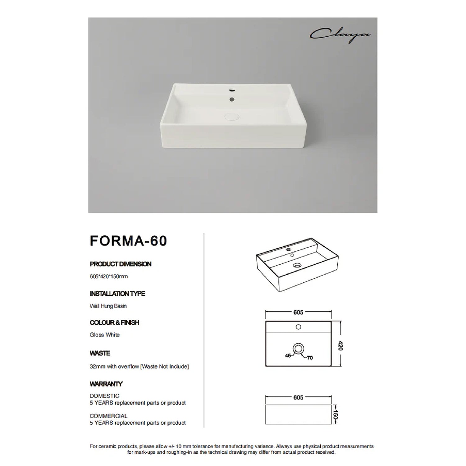 CLAYA Forma 60 Wall Hung Ceramic Basin with Overflow – Gloss White