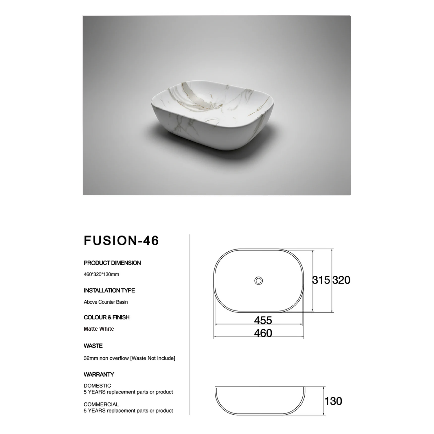 CLAYA Fusion-46 Ceramic Above Counter Basin – Matte White Carrara Marble