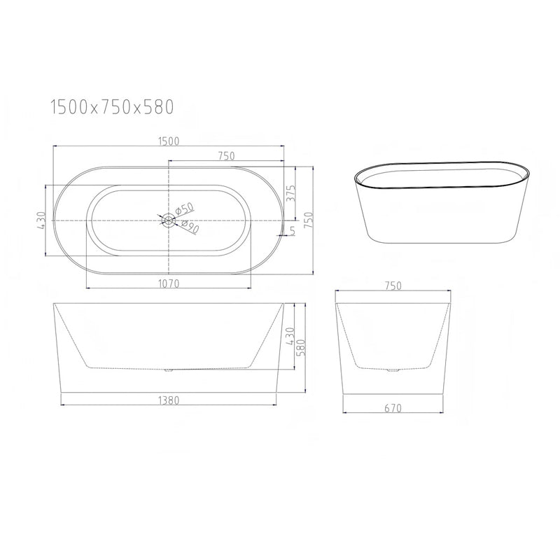 1500mm ISEO Series 1500mm Ultra-Slim Freestanding Acrylic Bathtub dimensions diagram