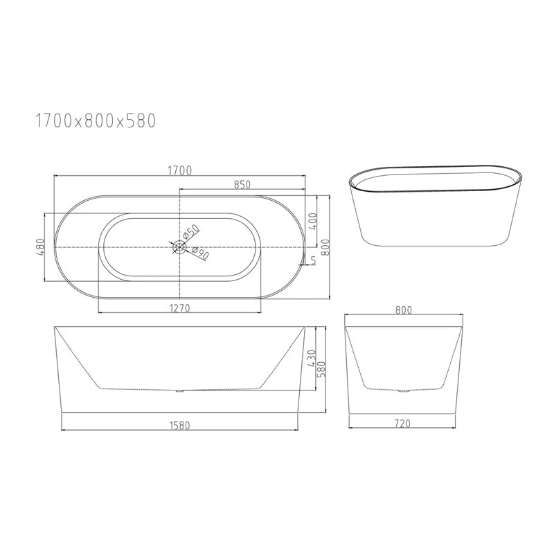 1700mm ISEO Series 1500mm Ultra-Slim Freestanding Acrylic Bathtub dimensions diagram