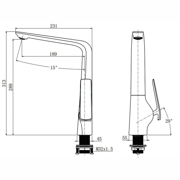ESPERIA gooseneck kitchen mixer technical dimensions