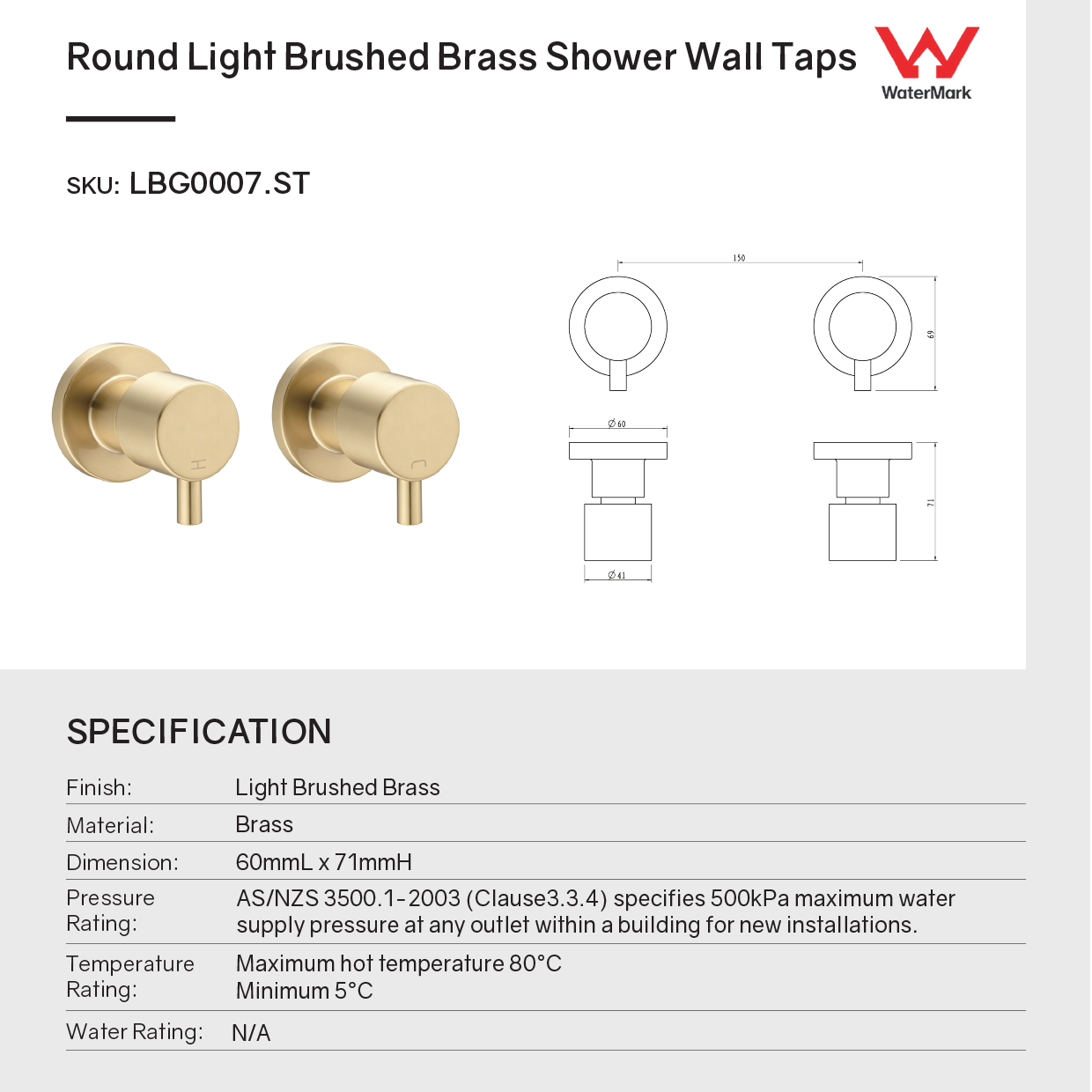 Brass Circle Wall Taps One Pair - Light Brushed Brass Gold
