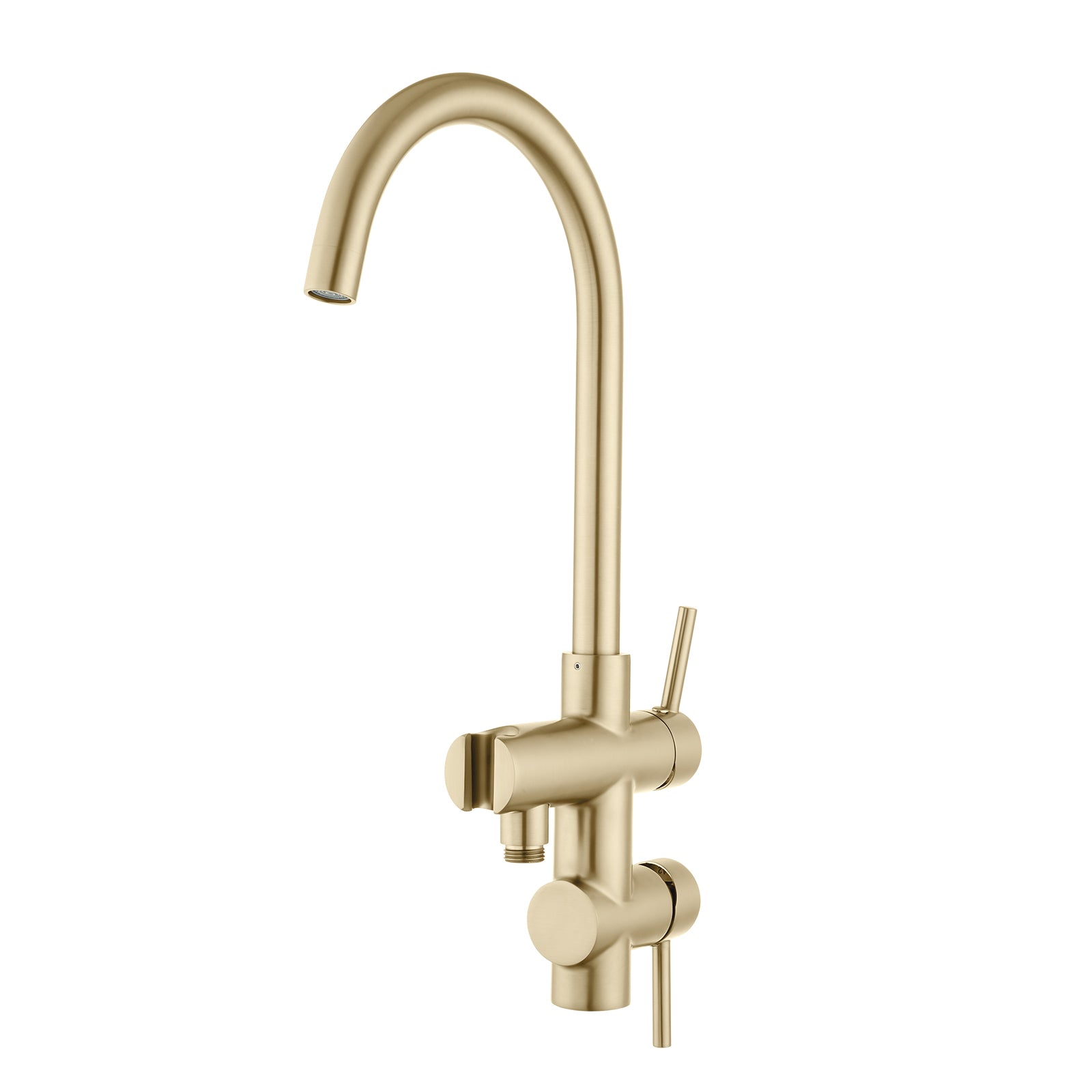 Solid Brass Freestanding Handheld Shower Head & Swivel Spout Tap - Light Brushed Brass