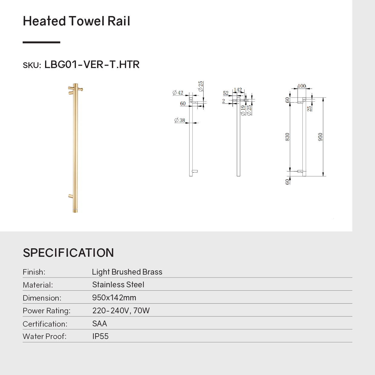 Stainless Steel Electric Heated Towel Rack Single Bar Vertical with Timer - Light Brushed Brass Gold