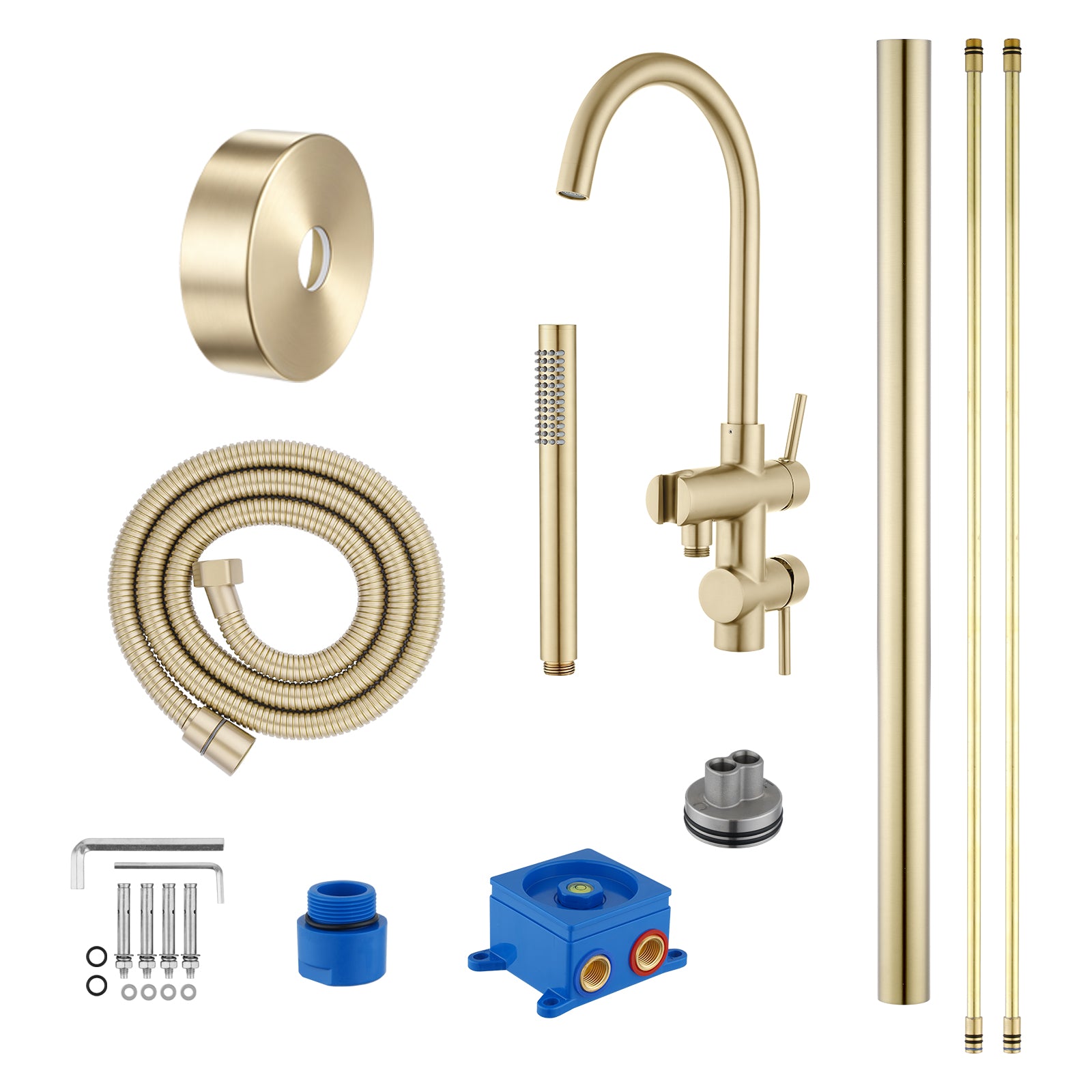 Solid Brass Freestanding Handheld Shower Head & Swivel Spout Tap - Light Brushed Brass