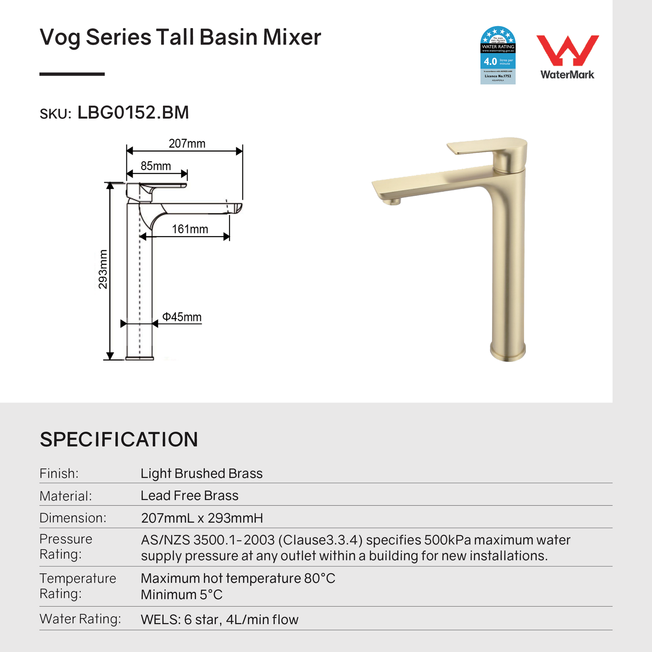 Solid Brass Tall Basin Mixer - Light Brushed Brass Gold - VOG