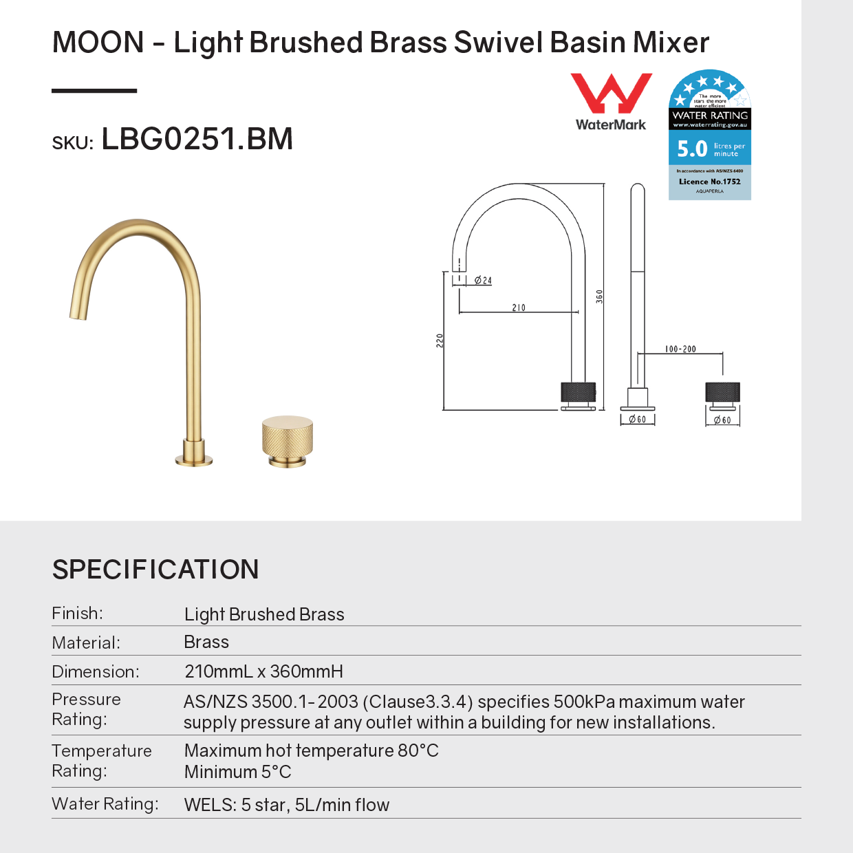 MOON  Solid Brass Swivel Basin Mixer - Light Brushed Brass