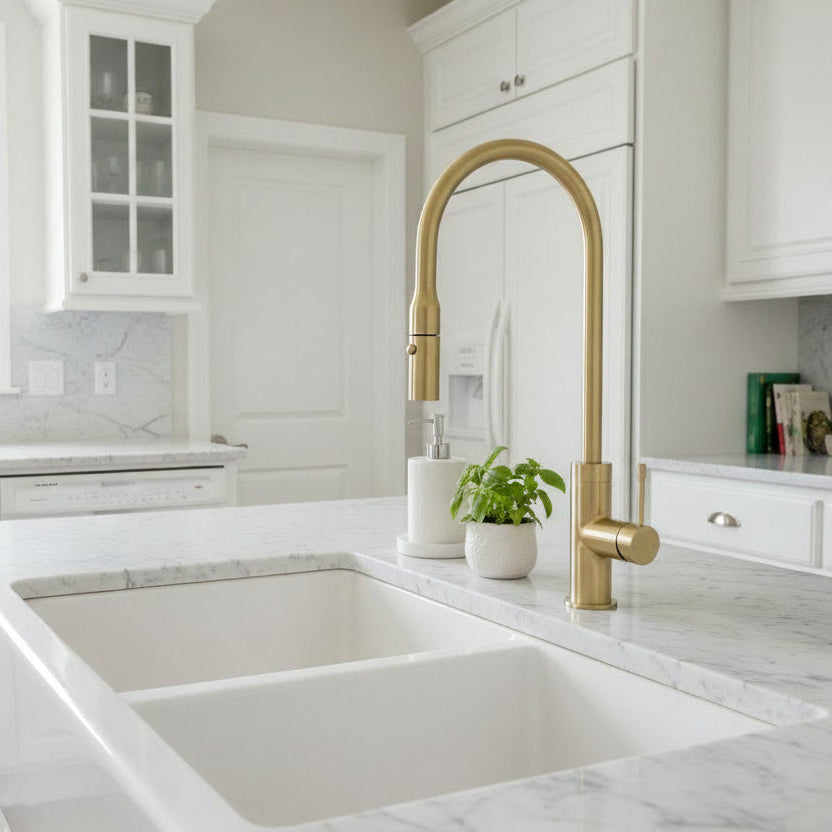 Solid Brass Pull Out Kitchen Mixer - Light Brushed Brass
