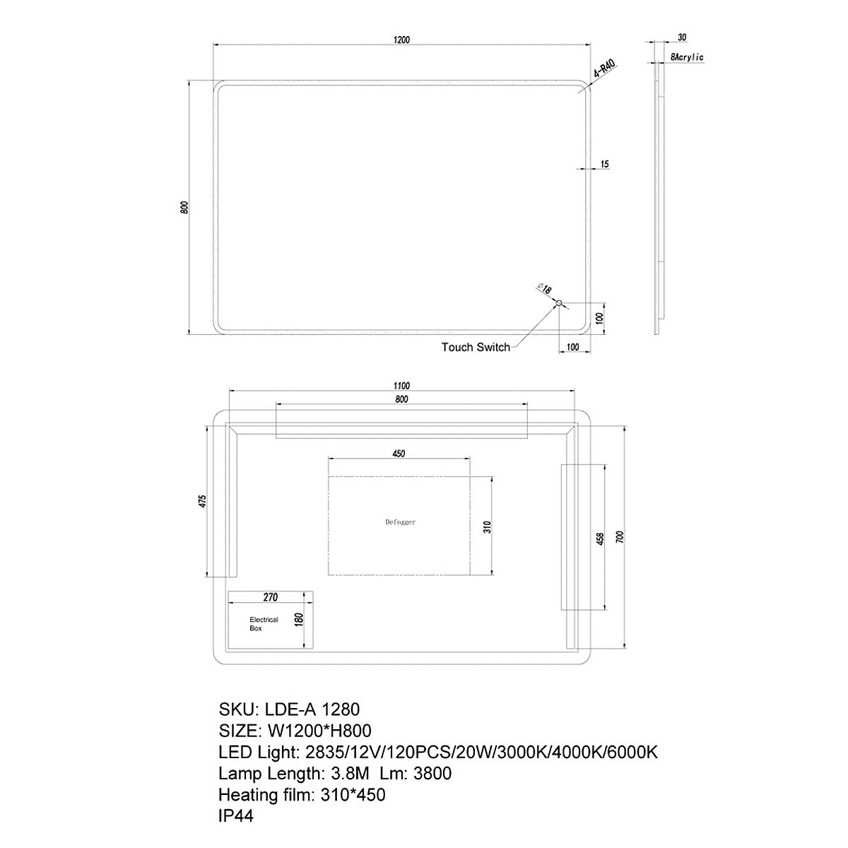 Curved Rim Rectangle LED Mirror - 600mm | 900mm | 1200mm