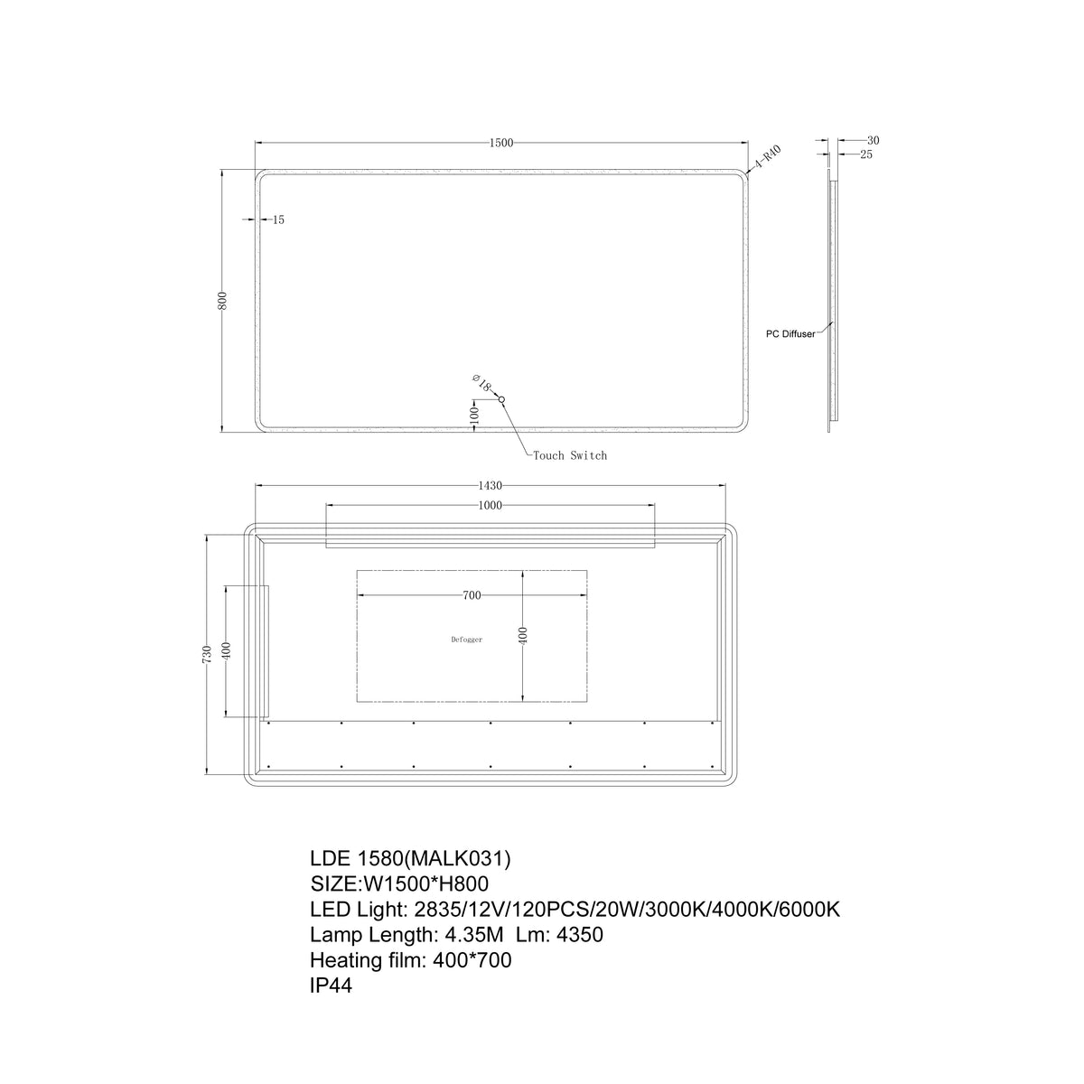 Backlit LED Bathroom Mirror with Frosted Edge - 600mm | 900mm | 1200mm | 1500mm
