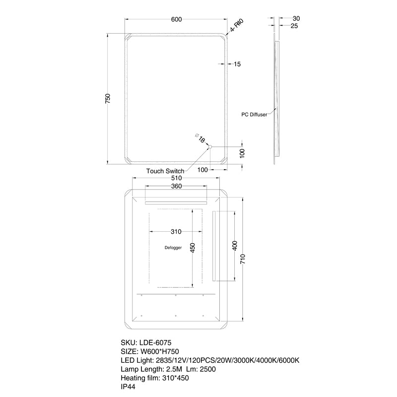 Backlit LED Bathroom Mirror with Frosted Edge - 600mm | 900mm | 1200mm | 1500mm