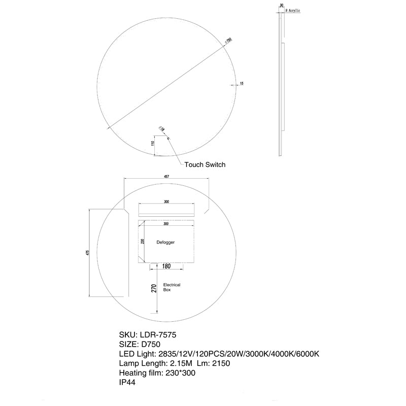 750mm LED Bathroom Mirror