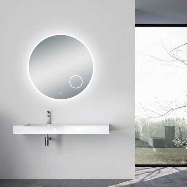 Modern bathroom with round illuminated mirror and vanity unit.