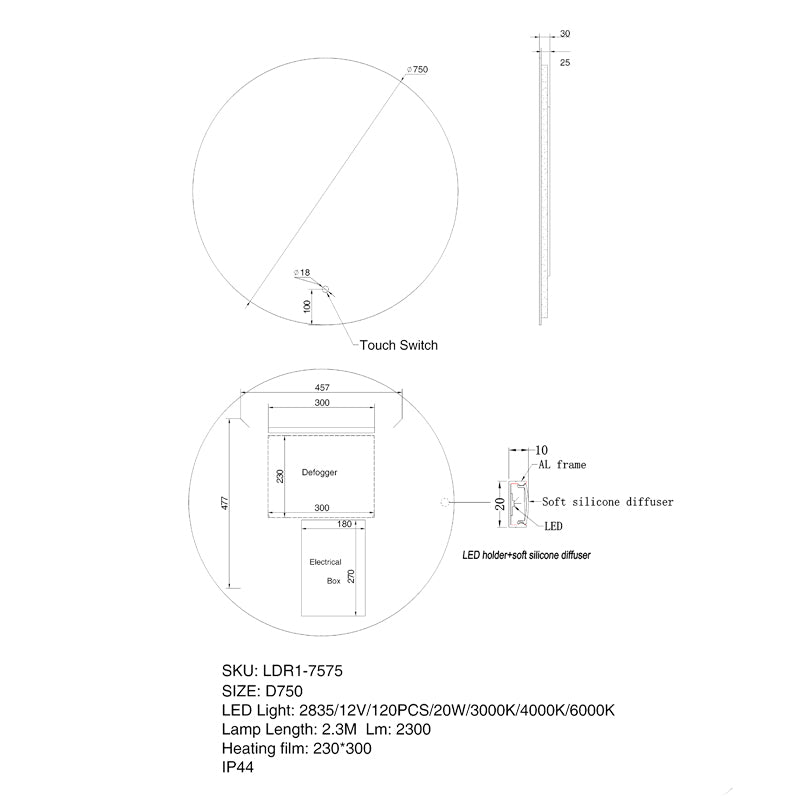 Aquaperla 750mm Round Backlit LED Bathroom Mirror with Defogger