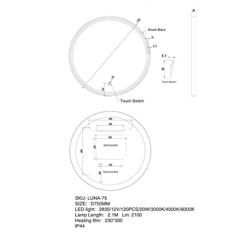 750mm Round LED Dressing Mirror with Black Frame