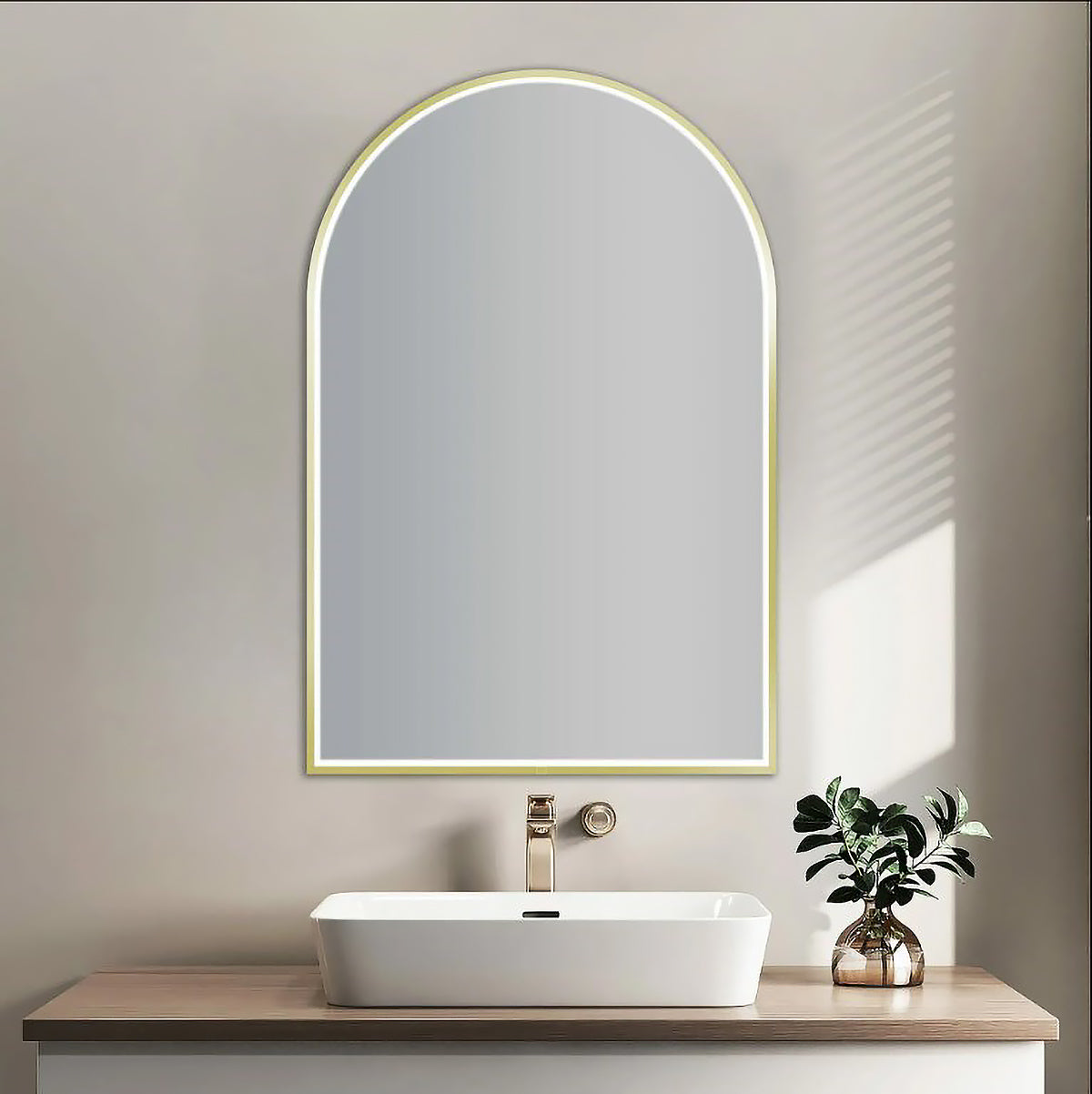 Brushed Gold Framed Arch LED Mirror 600 × 900 mm