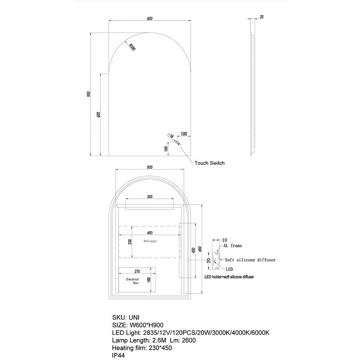 Matte Black Framed Arch LED Mirror 600 × 900 mm