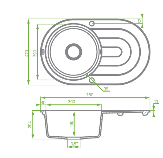 Laveo Dafne Granite Stone Round Single Bowl Kitchen Sink with Drainer 470x780x204mm - Grey