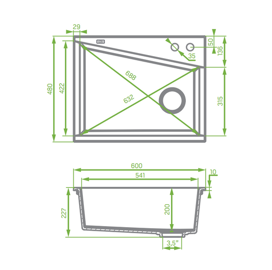 Laveo Grenada Granite Stone Single Bowl Kitchen Sink 480x600x227mm - Grey