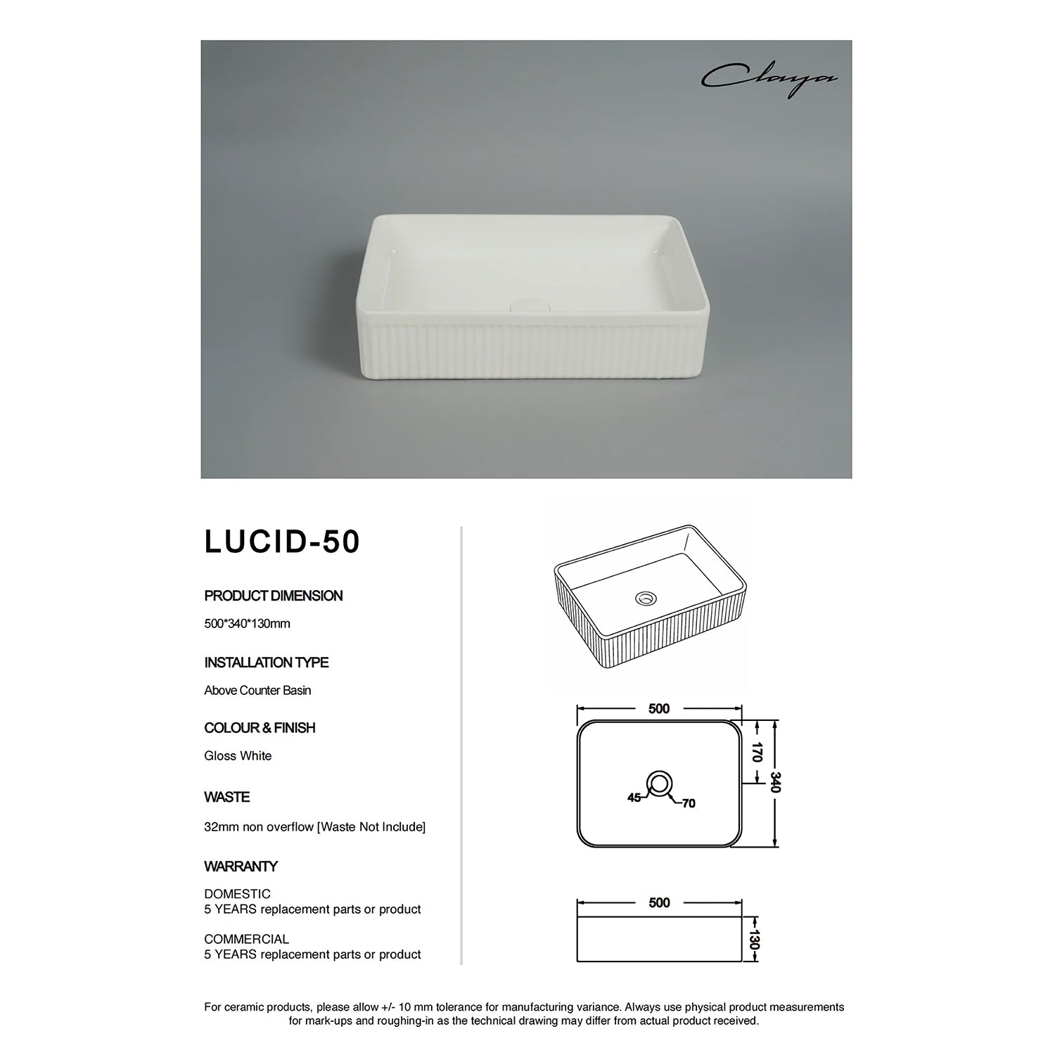 CLAYA Lucid-50 Fluted Rectangle Ceramic Above Counter Basin – Gloss White