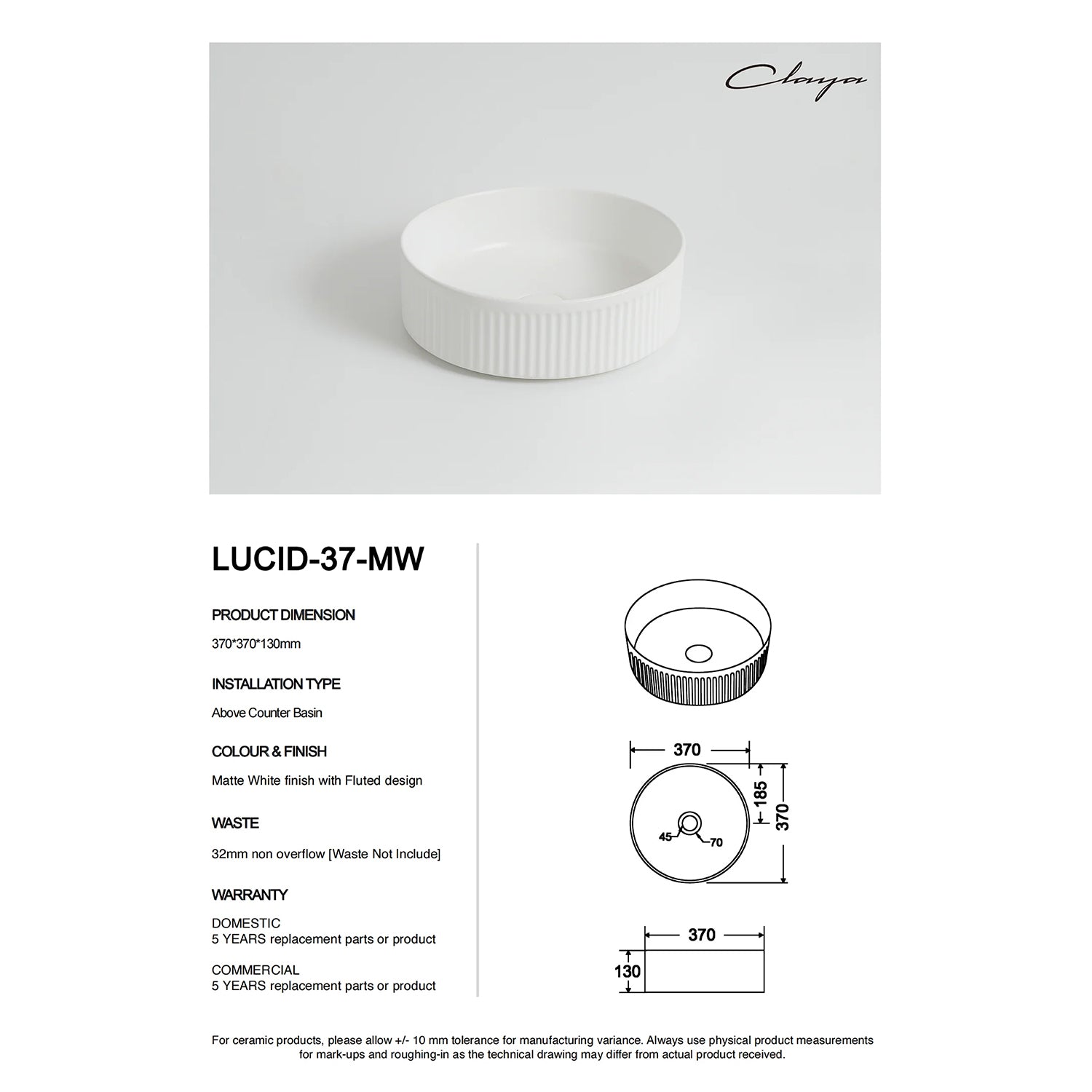CLAYA Lucid-37 Fluted Ceramic Above Counter Basin – Matte White