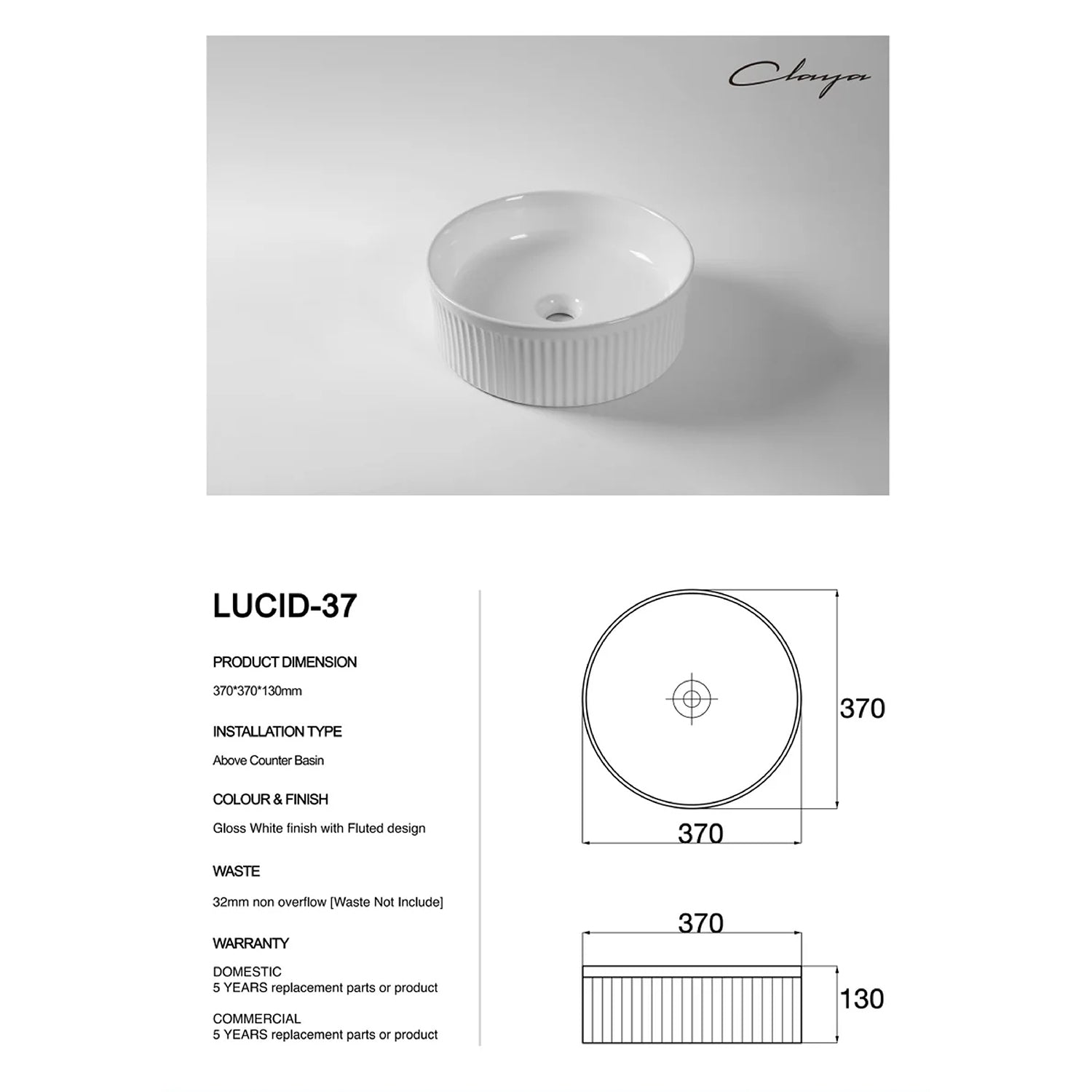 CLAYA Lucid-37 Fluted Ceramic Above Counter Basin – Gloss White