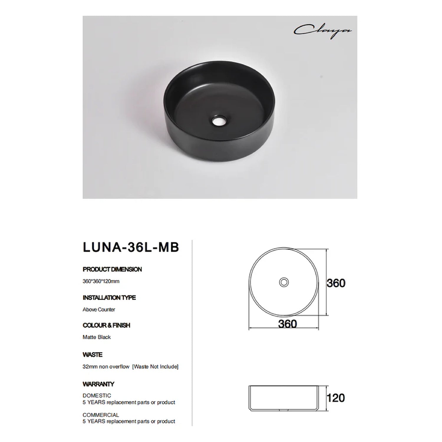 CLAYA Luna-36 Above Counter Round Basin – Matte Black