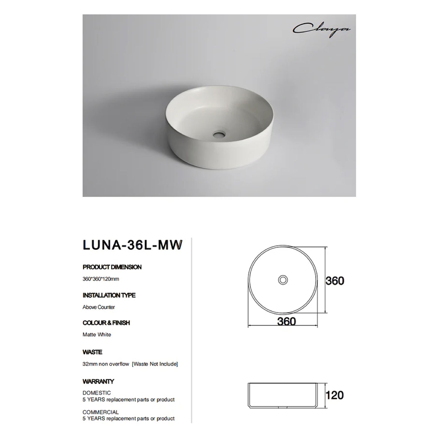 CLAYA Luna-36 Above Counter Round Basin – Matte White