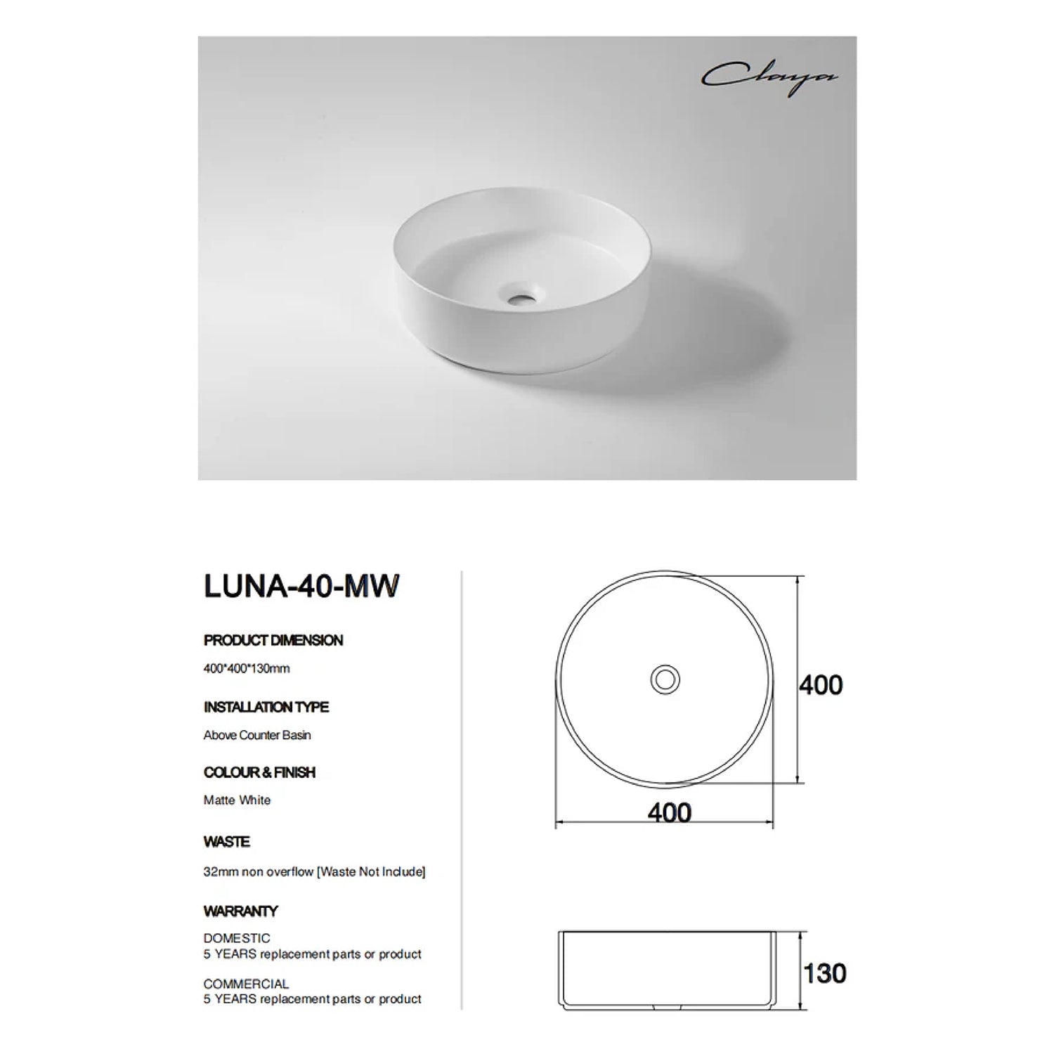 CLAYA Luna-40 405mm Above Counter Round Basin – Matte White