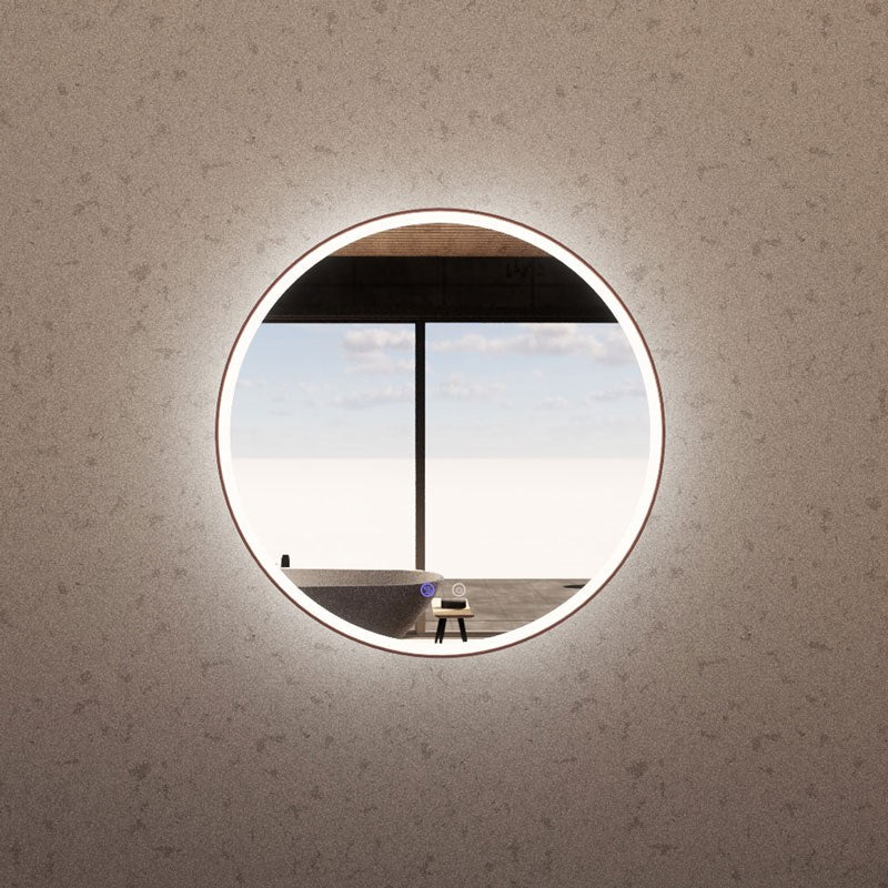 Brushed copper round LED bathroom mirror in a bathroom setting