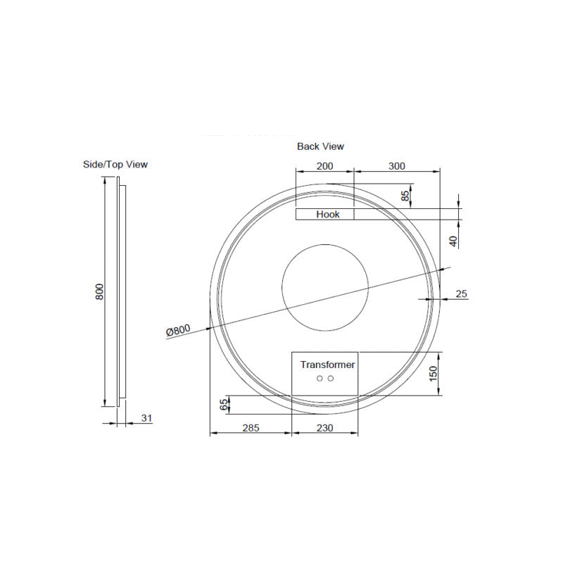 800mm brushed copper round LED mirror dimensions diagram