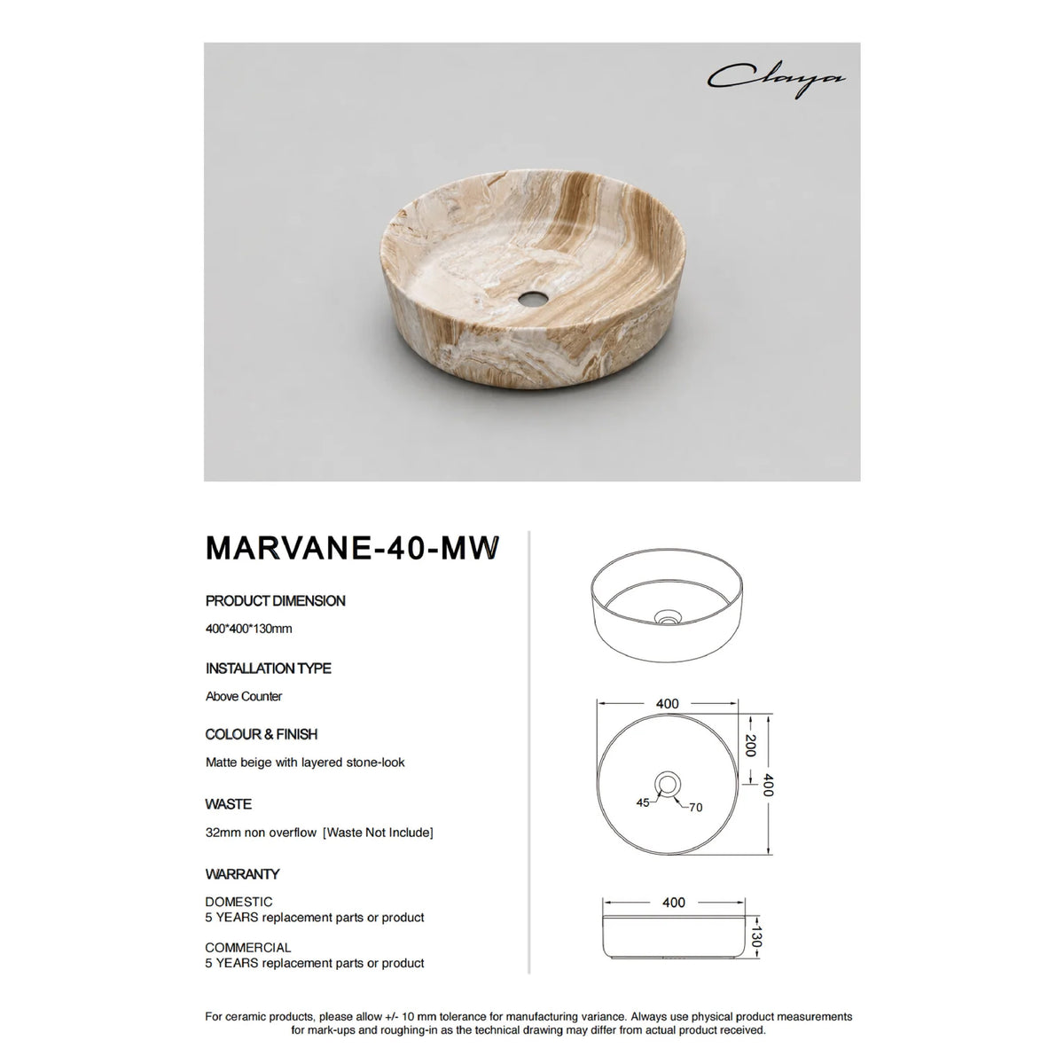 CLAYA Marvane-40-M Ceramic Above Counter Basin – Matte Stone Marble