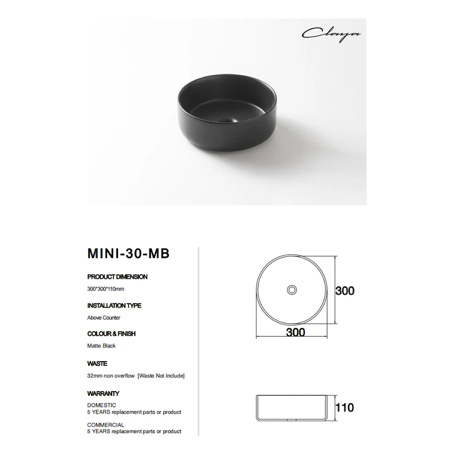 CLAYA Mini-30 Round Ceramic Basin - 300mm Compact Above Counter - Matte Black