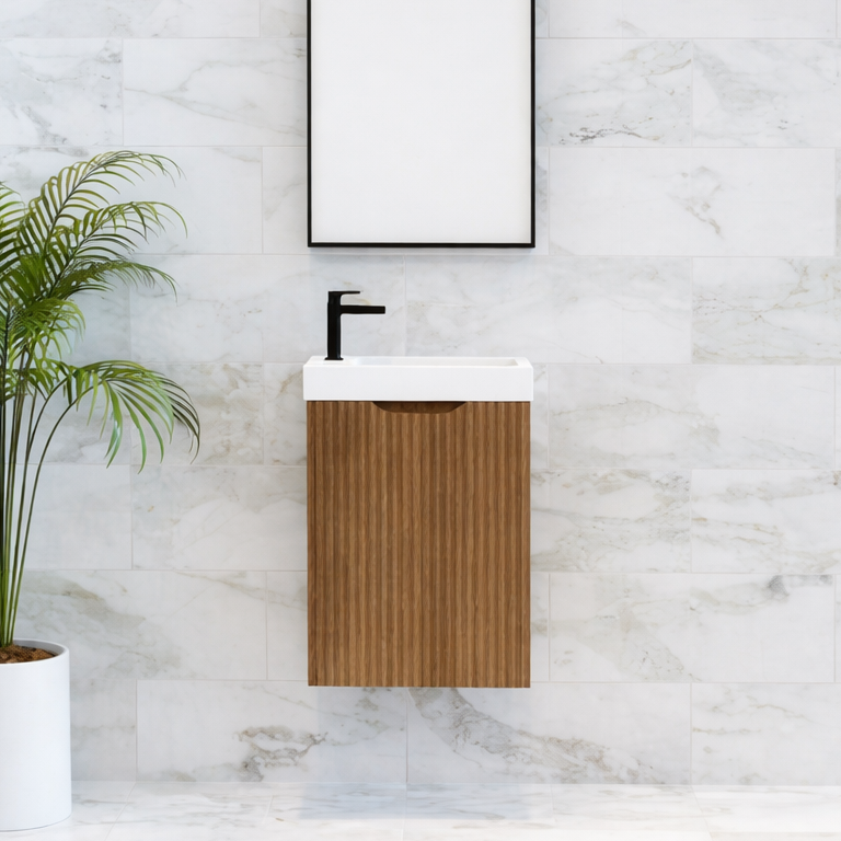 Vienna 450mm Solid Timber Wall Hung Vanity with Polymarble Top - Timber