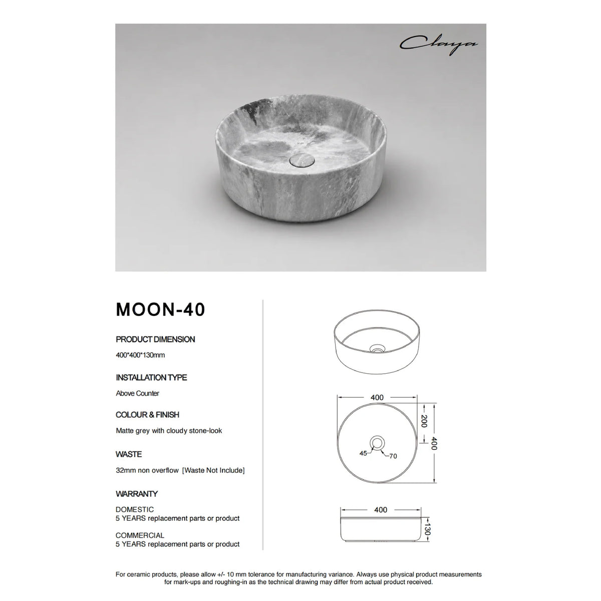 CLAYA MOON-40 Ceramic Round Above Counter Basin – Matte Grey Marble