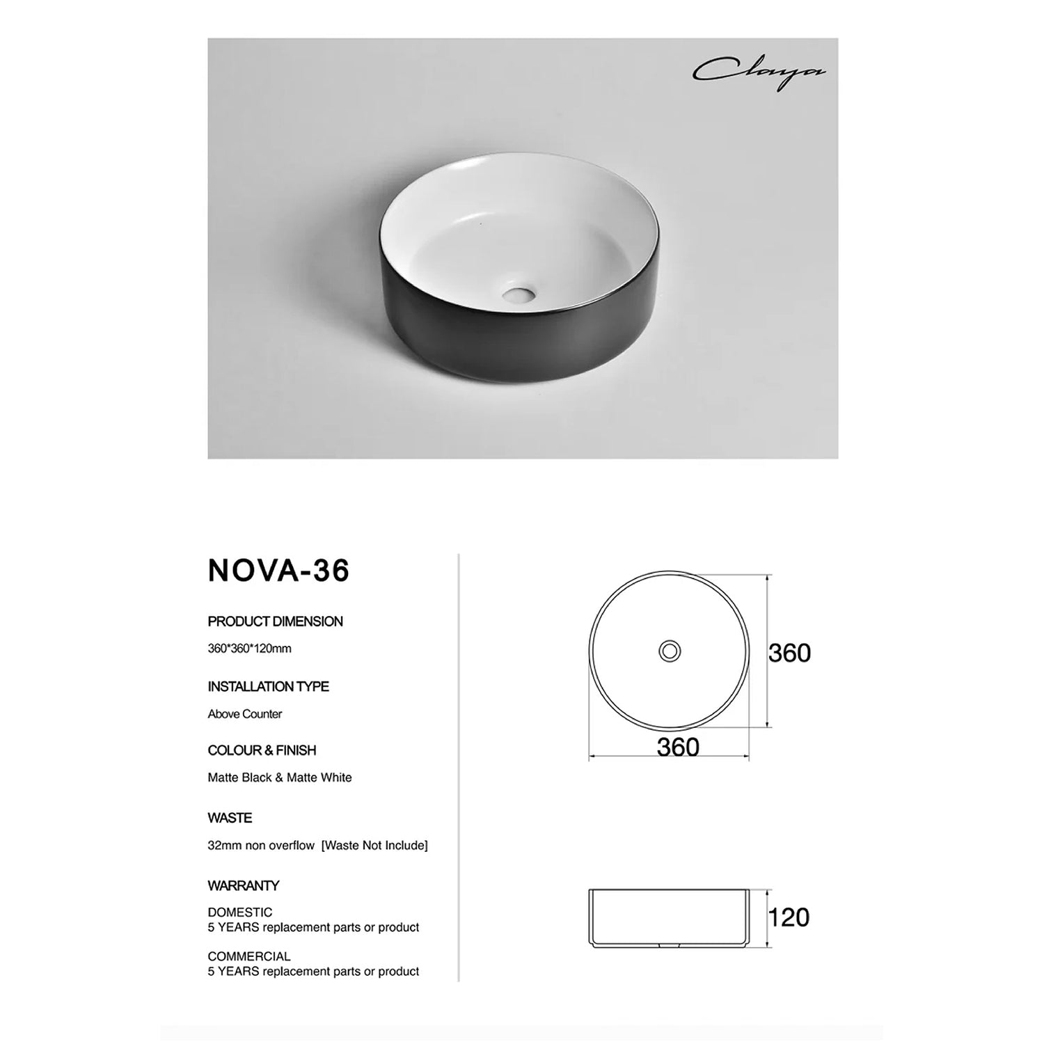 CLAYA Nova-36 Round Ceramic Above Counter Basin - Matte White