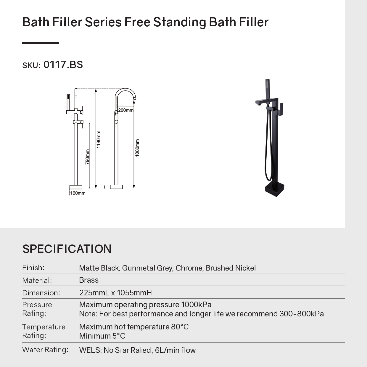 Solid Brass Freestanding Handheld Shower Head & Swivel Spout Tap II - Gunmetal Grey