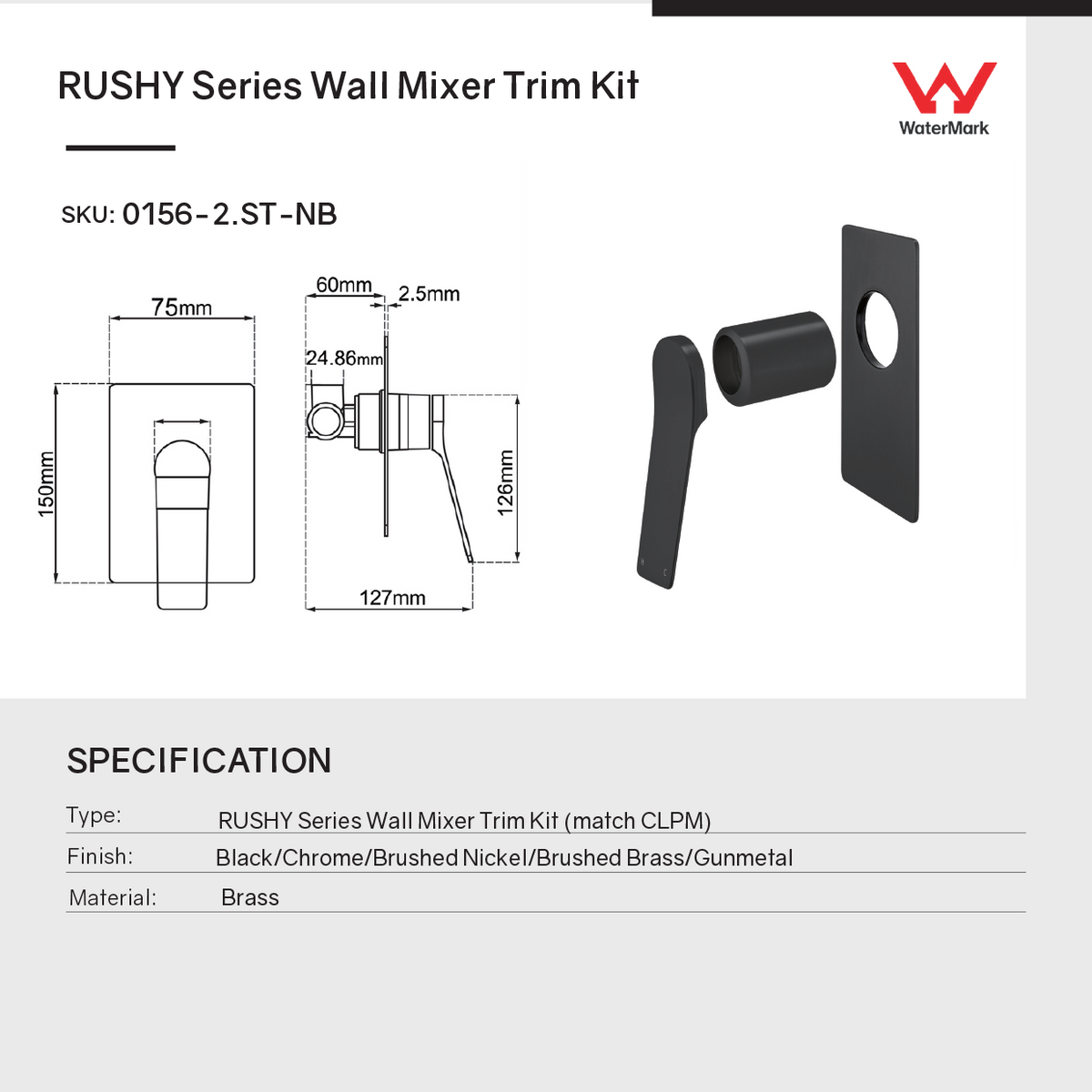 Solid Brass Wall Mixer Tap Trim Kit (Match CLPM) - Black | RUSHY