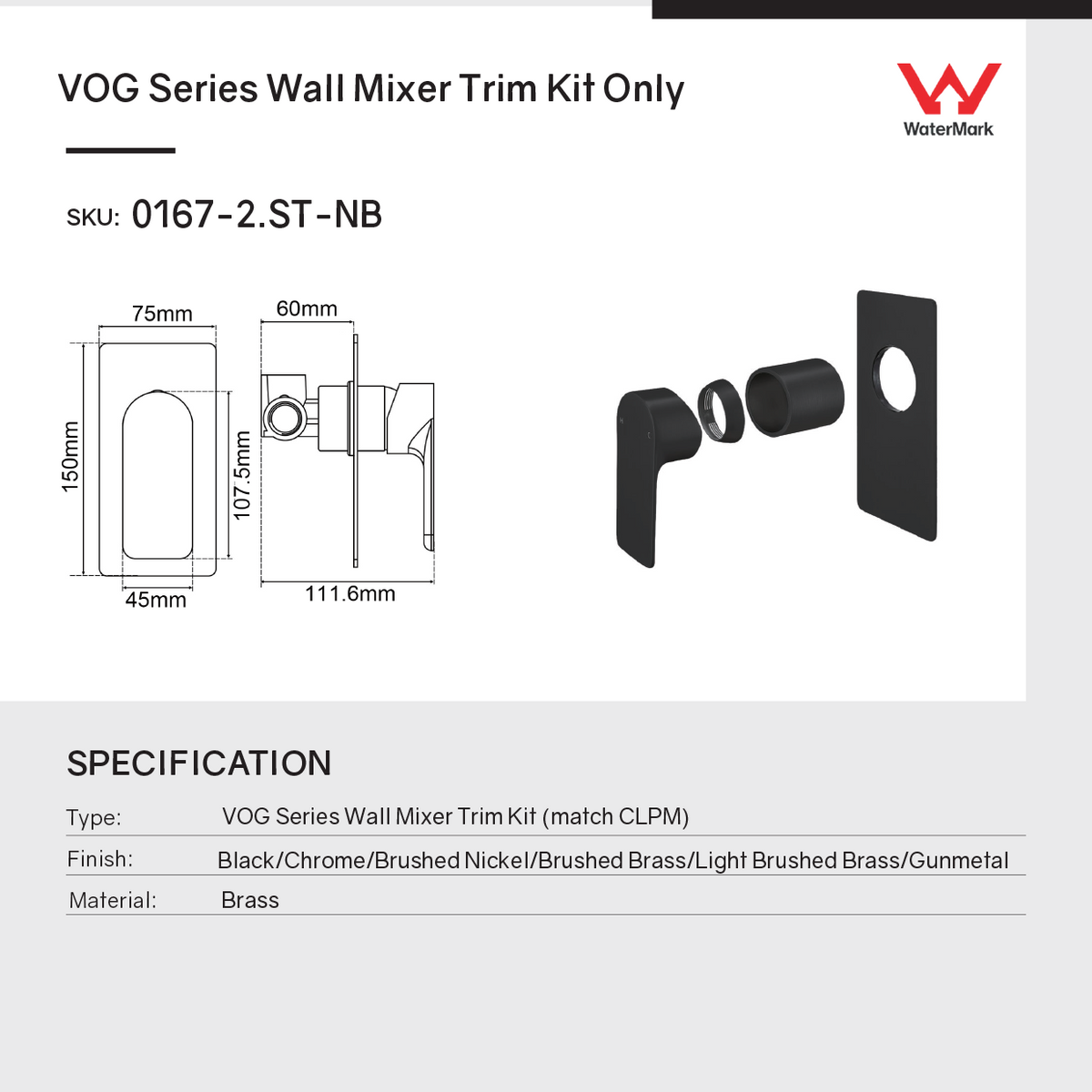 Solid Brass Wall Mixer Tap Trim Kit (Match CLPM)  - Gunmetal | VOG