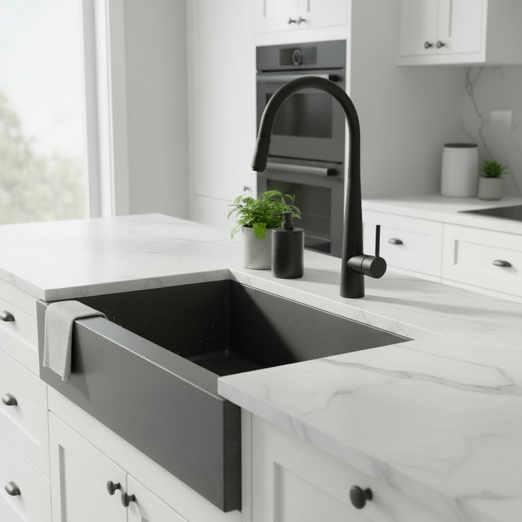 Black kitchen faucet on a white background