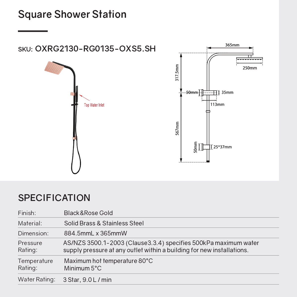 Stainless Steel & Solid Brass - 10" Square Shower Station- Black and Rose Gold