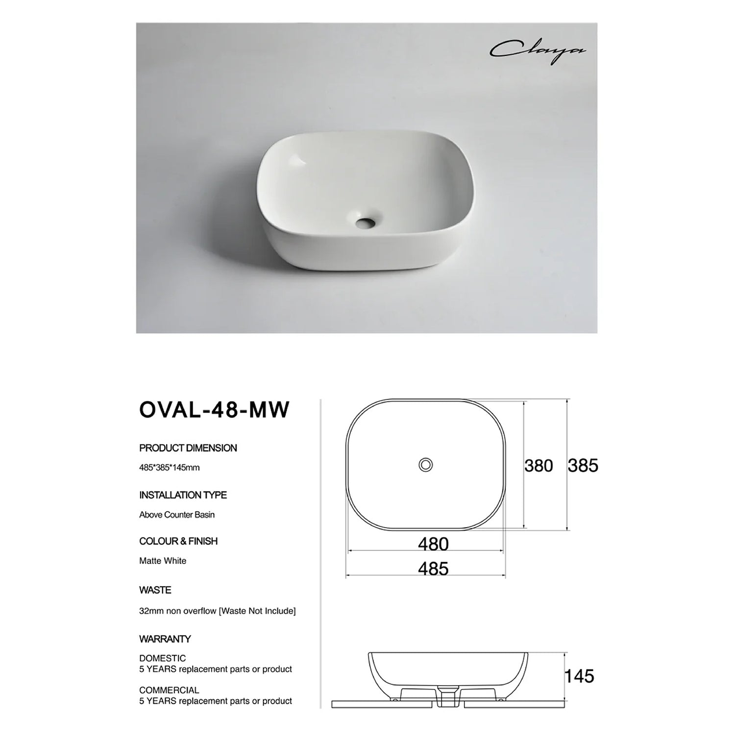 CLAYA Oval-48 Oval Ceramic Above Counter Basin – 485mm Matte White