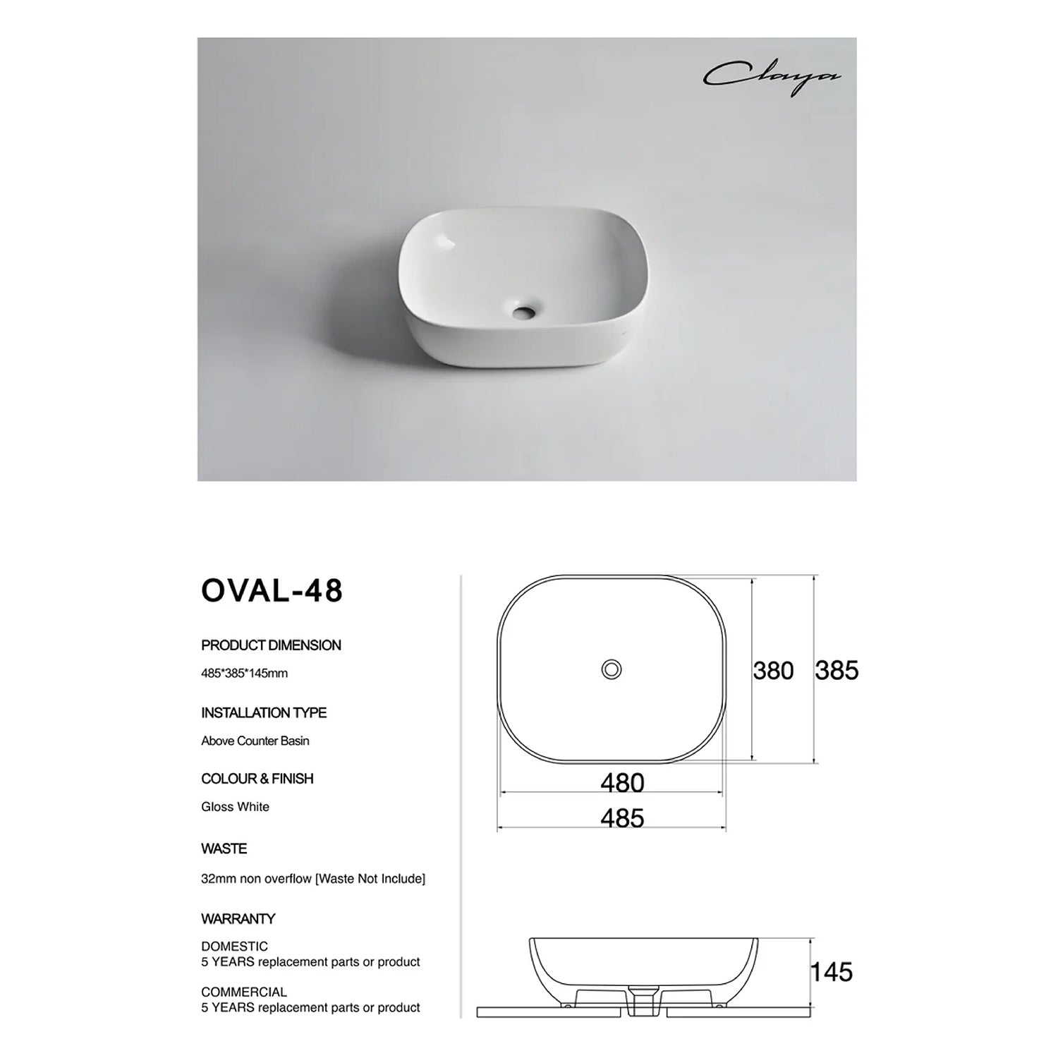 CLAYA Oval-48 Oval Ceramic Above Counter Basin – 485mm Gloss White